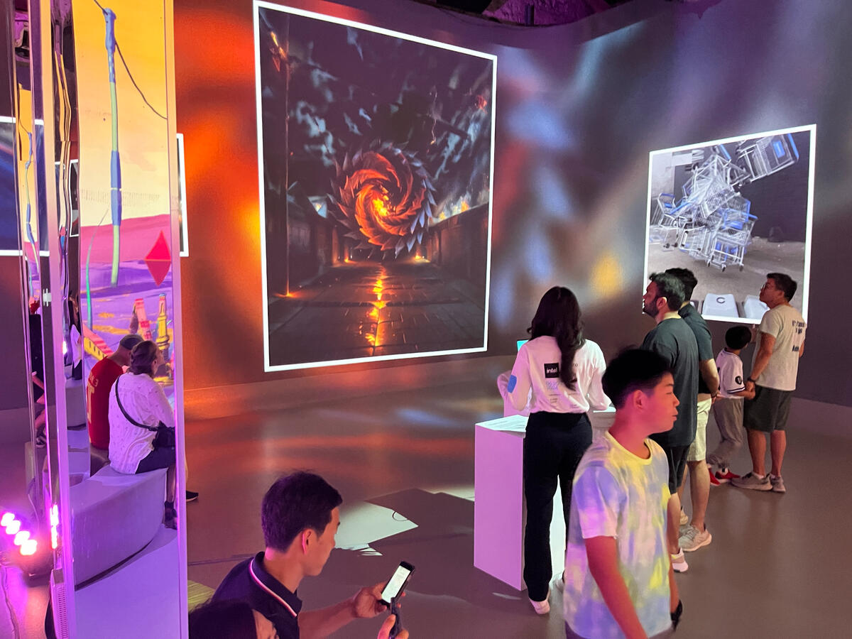 A steady flow of a participants engaged with the installation, pushing AI iterations through the Z space of mixed reality renderings.